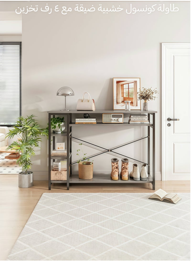 SHEIDLIN Narrow Wooden Console Table with 4 Storage Shelf - Entryway, Hallway & Living Room Accent Sofa Storage  Table - Space-Saving Design, 130*35*90cm，Grey  Sandalwood Color  - Image 1