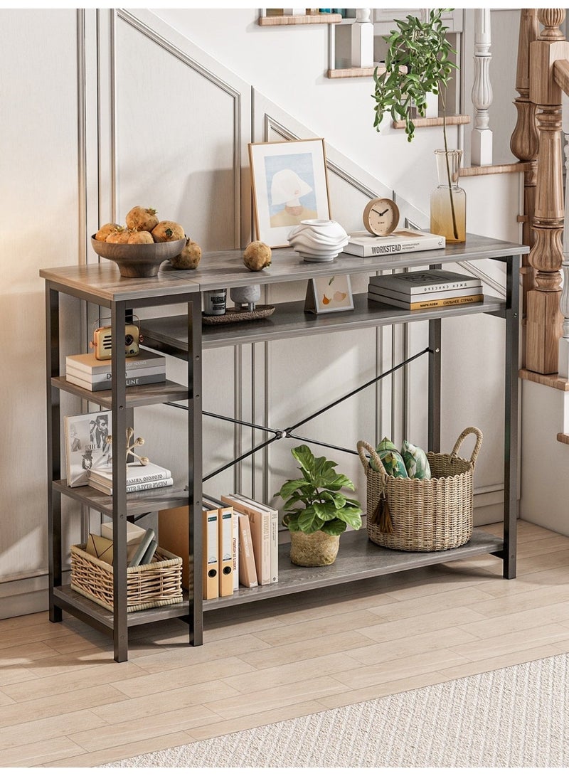 SHEIDLIN Narrow Wooden Console Table with 4 Storage Shelf - Entryway, Hallway & Living Room Accent Sofa Storage  Table - Space-Saving Design, 130*35*90cm，Grey  Sandalwood Color - Image 1