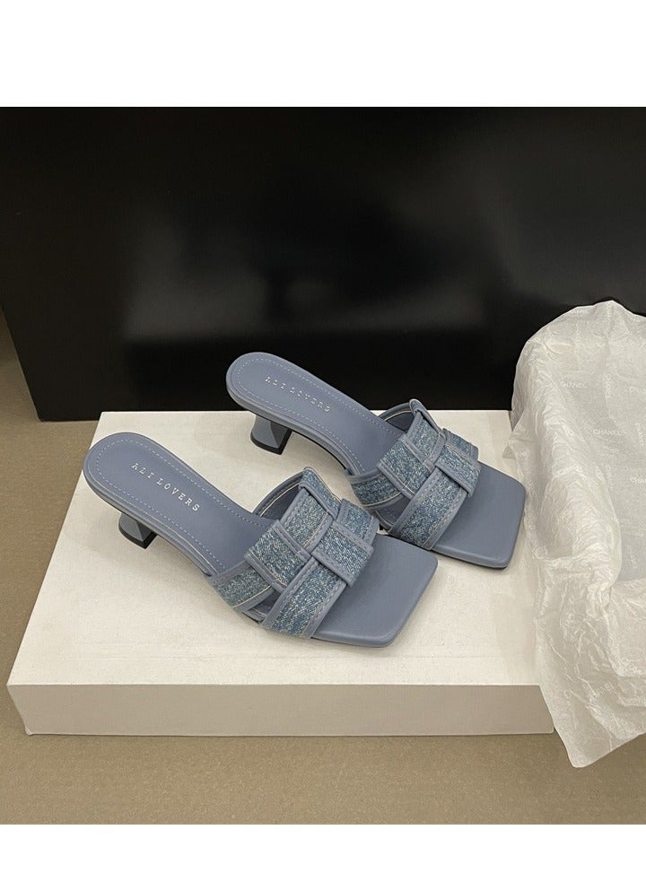 Summer New Versatile Outfit With Korean Style Square Headed Checkered Sandals For Women  - Image 1