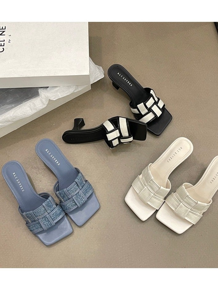 Summer New Versatile Outfit With Korean Style Square Headed Checkered Sandals For Women  - Image 2