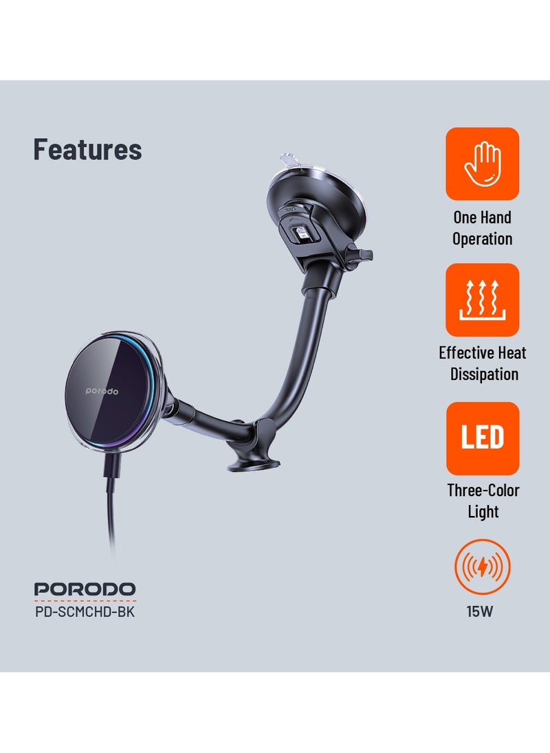 porodo - Semiconductor Cooling Magsafe Charging Mount / 15W Wireless Charging / Three-Color Light / Type-C Input / One-Hand Operation /Windshield / Dashboard - Black - Image 1