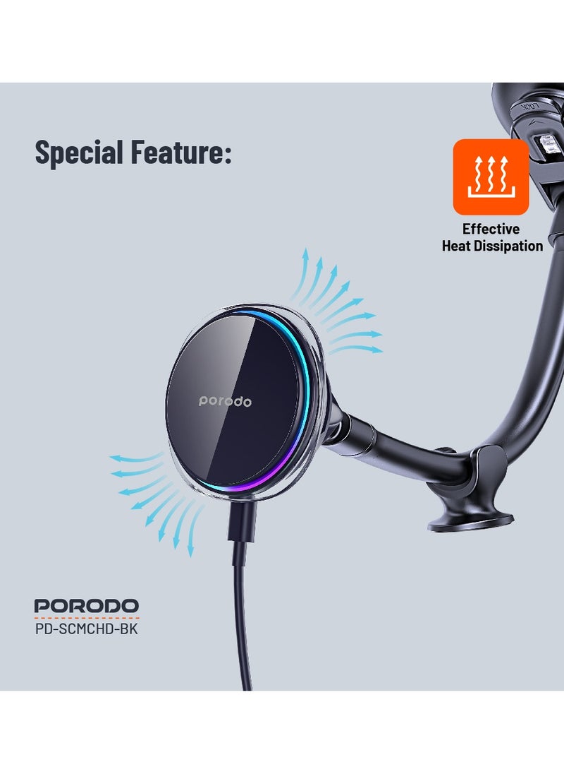 porodo - Semiconductor Cooling Magsafe Charging Mount / 15W Wireless Charging / Three-Color Light / Type-C Input / One-Hand Operation /Windshield / Dashboard - Black - Image 1