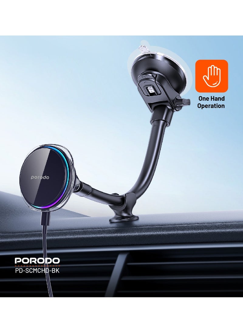 porodo - Semiconductor Cooling Magsafe Charging Mount / 15W Wireless Charging / Three-Color Light / Type-C Input / One-Hand Operation /Windshield / Dashboard - Black - Image 1