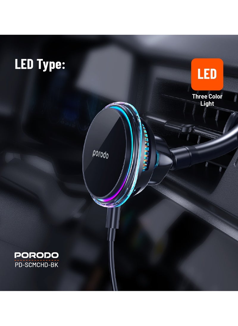 porodo - Semiconductor Cooling Magsafe Charging Mount / 15W Wireless Charging / Three-Color Light / Type-C Input / One-Hand Operation /Windshield / Dashboard - Black - Image 1