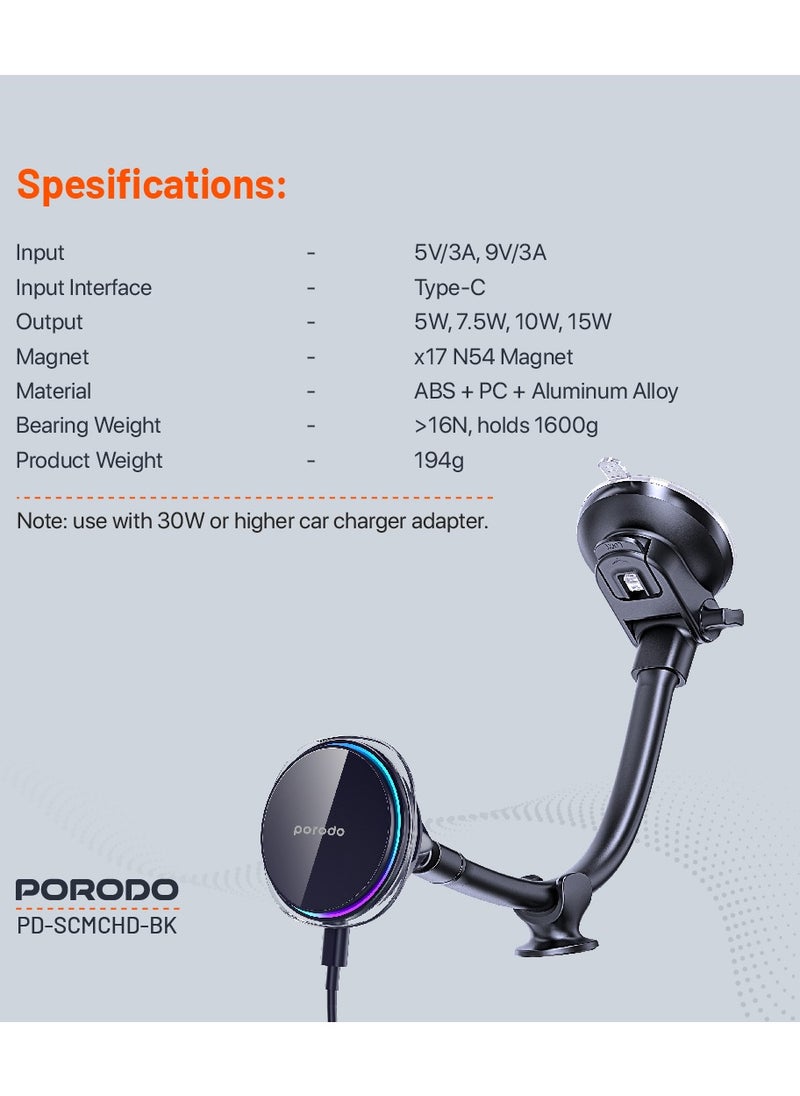 porodo - Semiconductor Cooling Magsafe Charging Mount / 15W Wireless Charging / Three-Color Light / Type-C Input / One-Hand Operation /Windshield / Dashboard - Black - Image 1