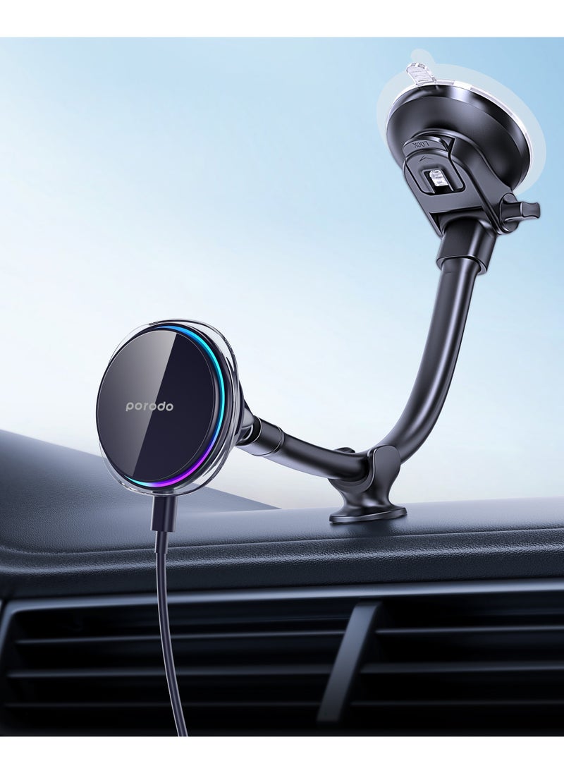 porodo - Semiconductor Cooling Magsafe Charging Mount / 15W Wireless Charging / Three-Color Light / Type-C Input / One-Hand Operation /Windshield / Dashboard - Black - Image 1