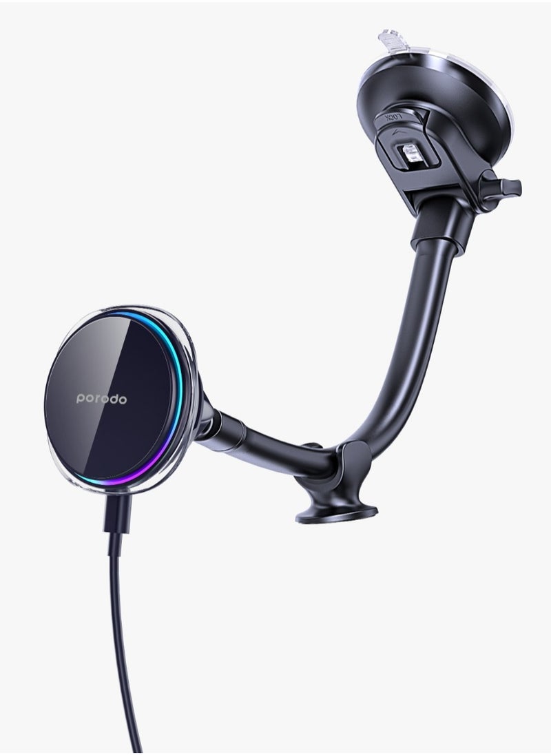 porodo - Semiconductor Cooling Magsafe Charging Mount / 15W Wireless Charging / Three-Color Light / Type-C Input / One-Hand Operation /Windshield / Dashboard - Black - Image 1
