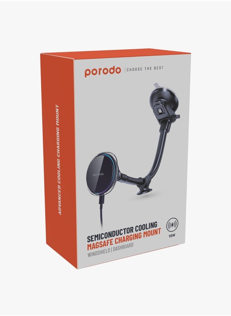 porodo - Semiconductor Cooling Magsafe Charging Mount / 15W Wireless Charging / Three-Color Light / Type-C Input / One-Hand Operation /Windshield / Dashboard - Black - Image 1