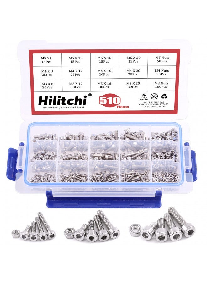 Hilitchi Hilitchi 510pcs M3 M4 M5 Stainless Steel Hex Socket Head Cap Bolts Screws Nuts Assortment Kit - 304 Stainless Steel (Hex Socket)  - Image 1