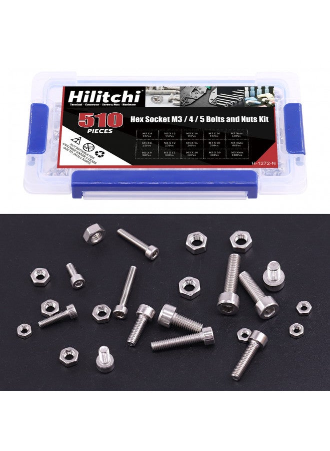 Hilitchi Hilitchi 510pcs M3 M4 M5 Stainless Steel Hex Socket Head Cap Bolts Screws Nuts Assortment Kit - 304 Stainless Steel (Hex Socket)  - Image 2