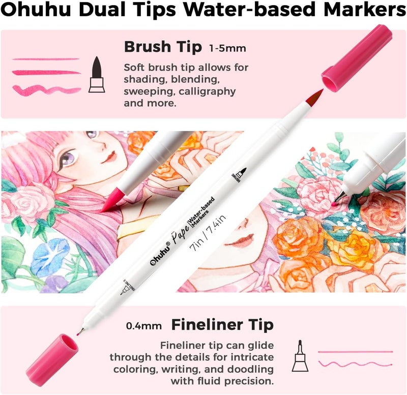 Ohuhu 120 Colors Dual Brush Fineliner Tips Markers - Paper-Friendly, No Peeling, Water-Based for Adult Coloring Books - Image 4