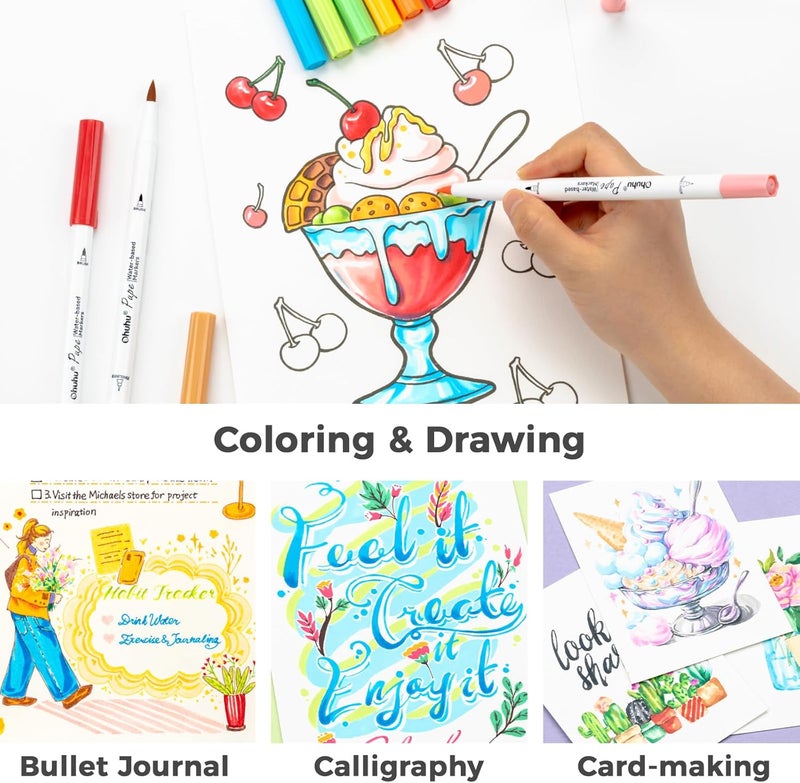 Ohuhu 120 Colors Dual Brush Fineliner Tips Markers - Paper-Friendly, No Peeling, Water-Based for Adult Coloring Books - Image 5