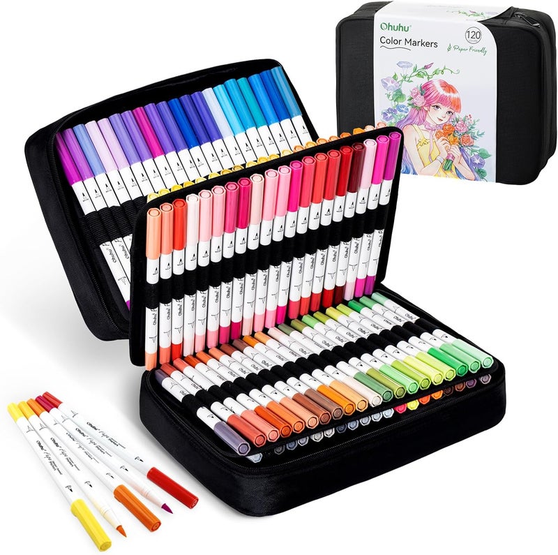 Ohuhu 120 Colors Dual Brush Fineliner Tips Markers - Paper-Friendly, No Peeling, Water-Based for Adult Coloring Books - Image 1