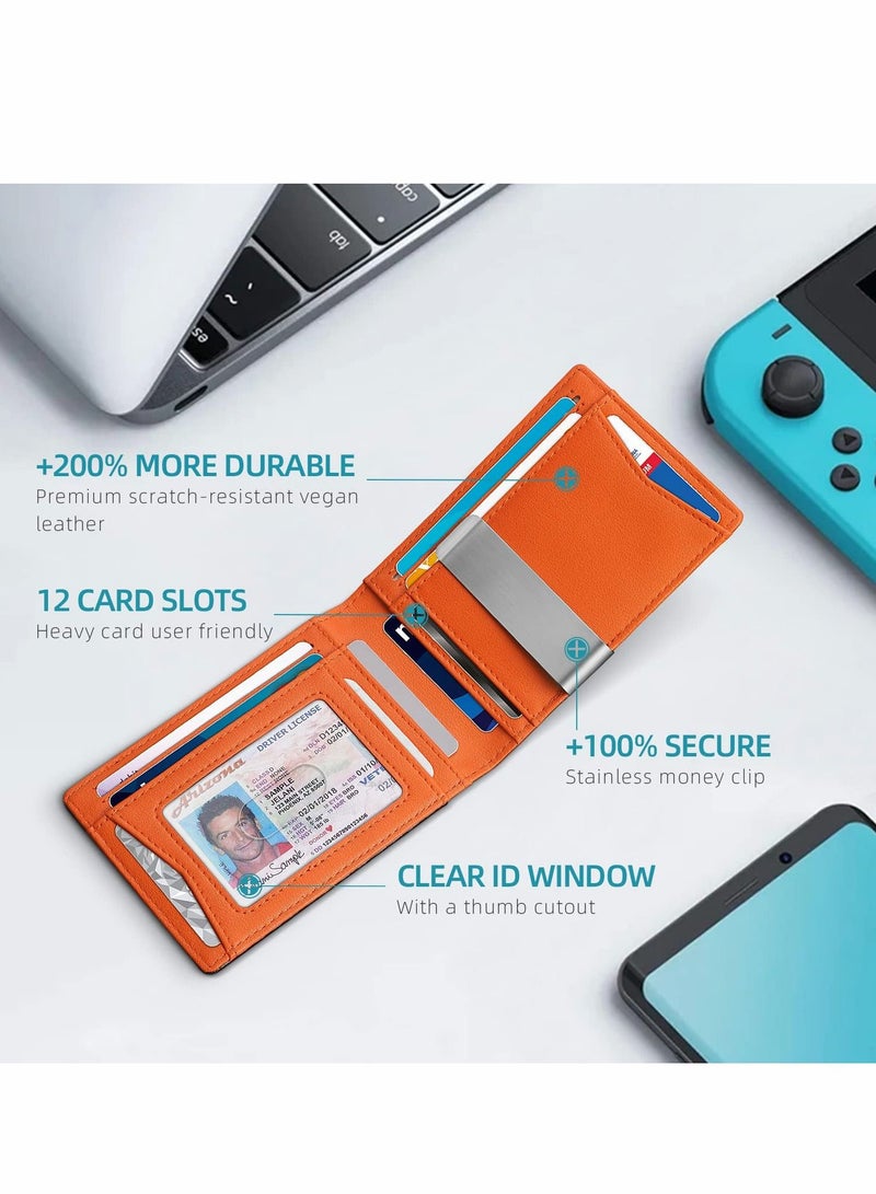 إكسفور رجل محفظة رقيقة جدا قدرة كبيرة 12 فتحة RFID كتلة رجل محفظة الحد الأدنى الجبهة حقيبة جلدية قابلة للطي مزدوجة مع معرف نافذة هدية مربع - Image 2