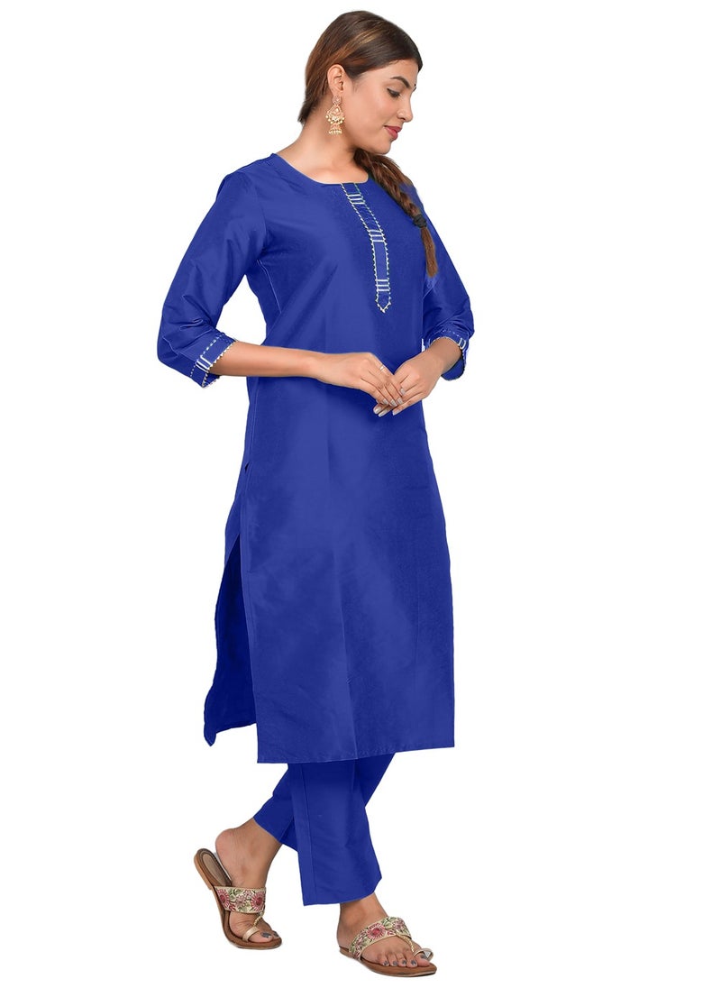 Riara - Women Royal Blue Kurti with Pant Set 3/4 Sleeves Kurta Pant Set Art Silk (Plain Taffeta) Size XL - Image 1