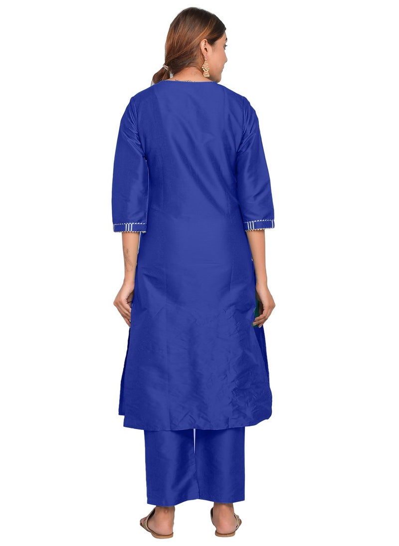 Riara - Women Royal Blue Kurti with Pant Set 3/4 Sleeves Kurta Pant Set Art Silk (Plain Taffeta) Size XL - Image 1