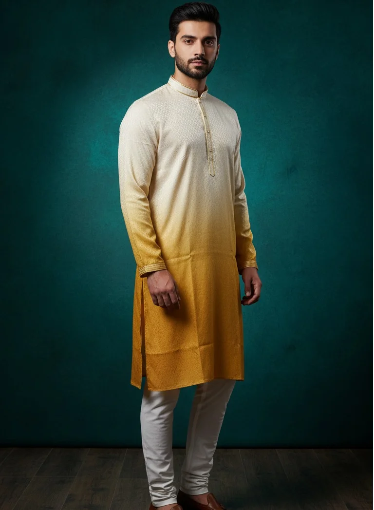 Lehar Men's Yellow Ombre Kurta Set with White Pant