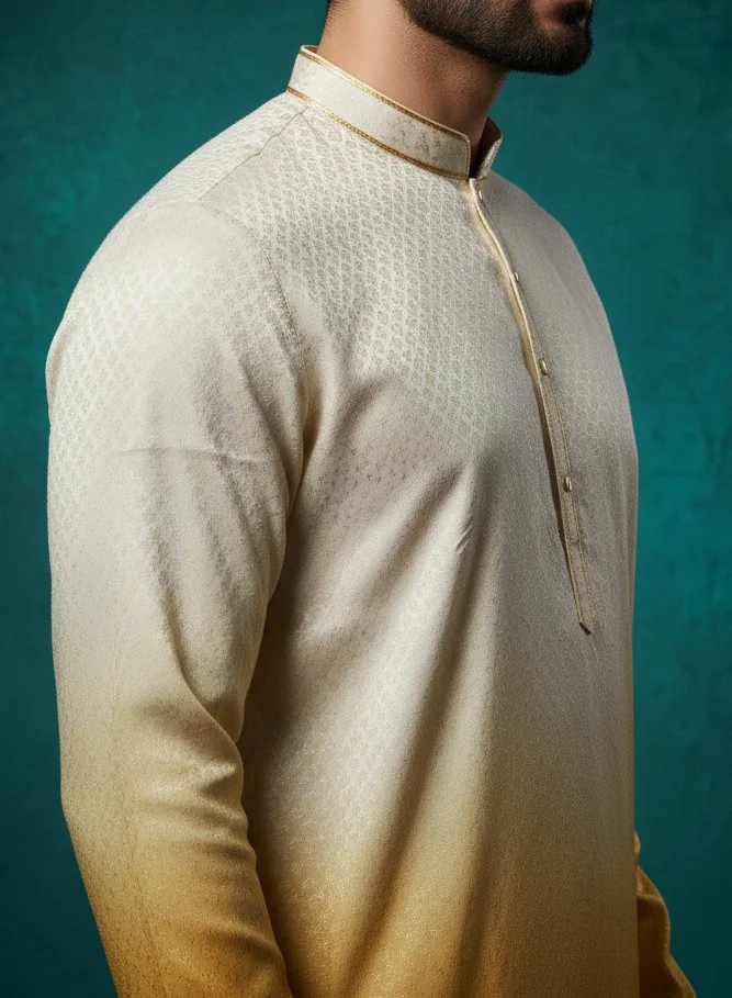 Lehar Men's Yellow Ombre Kurta Set with White Pant
