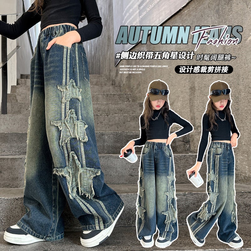 Boys And Girls Jeans Children'S Foreign Handsome Wide Leg Pants Large Children'S Loose Five-Pointed Star Embroidered Straight Length - Image 4