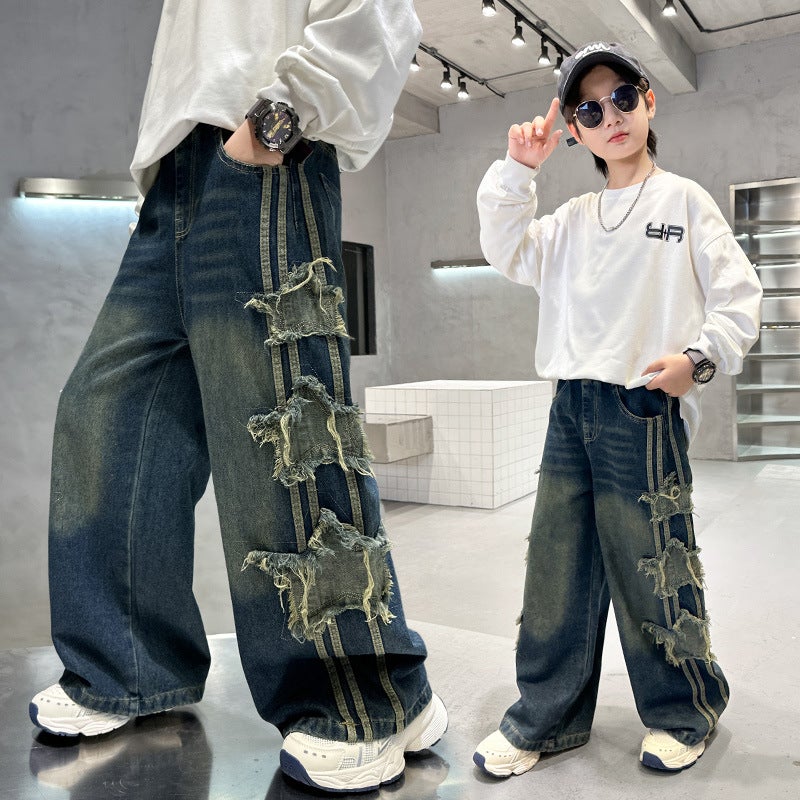 Boys And Girls Jeans Children'S Foreign Handsome Wide Leg Pants Large Children'S Loose Five-Pointed Star Embroidered Straight Length - Image 1