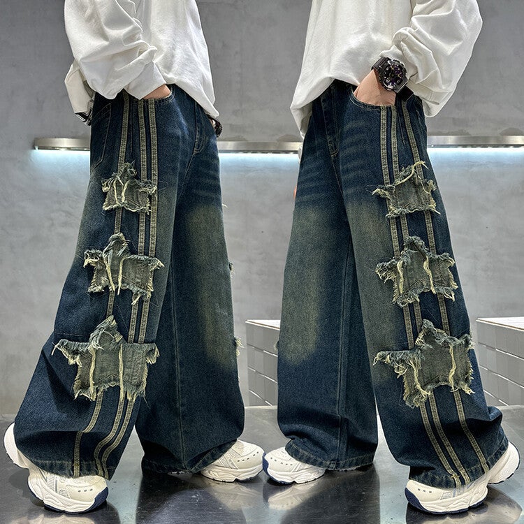 Boys And Girls Jeans Children'S Foreign Handsome Wide Leg Pants Large Children'S Loose Five-Pointed Star Embroidered Straight Length - Image 3