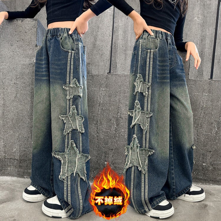Boys And Girls Jeans Children'S Foreign Handsome Wide Leg Pants Large Children'S Loose Five-Pointed Star Embroidered Straight Length - Image 5
