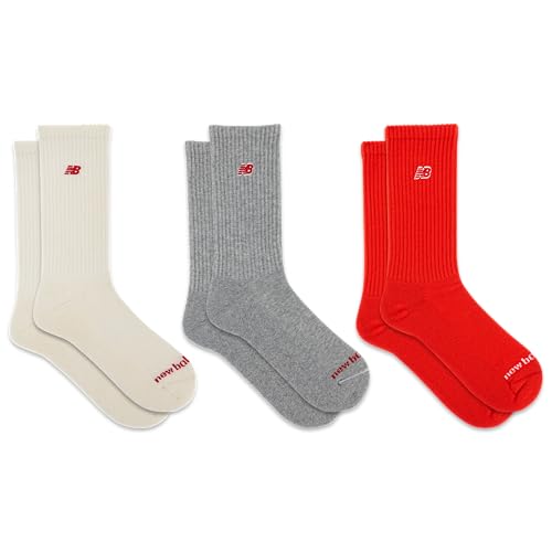 New Balance Unisex-Adult's Men's and Women's Organic Cotton Crew Socks-3 Pairs-Arch Support, Red Assorted Patch Logo, Large - Image 2