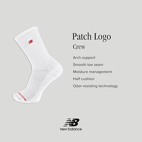 New Balance Unisex-Adult's Men's and Women's Organic Cotton Crew Socks-3 Pairs-Arch Support, Red Assorted Patch Logo, Large - Image 4
