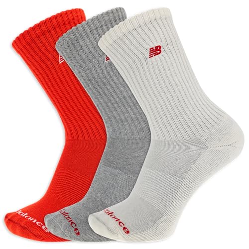 New Balance Unisex-Adult's Men's and Women's Organic Cotton Crew Socks-3 Pairs-Arch Support, Red Assorted Patch Logo, Large - Image 1