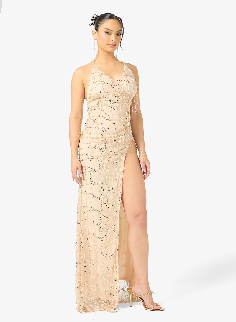 Ginger  Plunge Neck Sequin Embellished Dress with Slit for Women | Best Price UAE