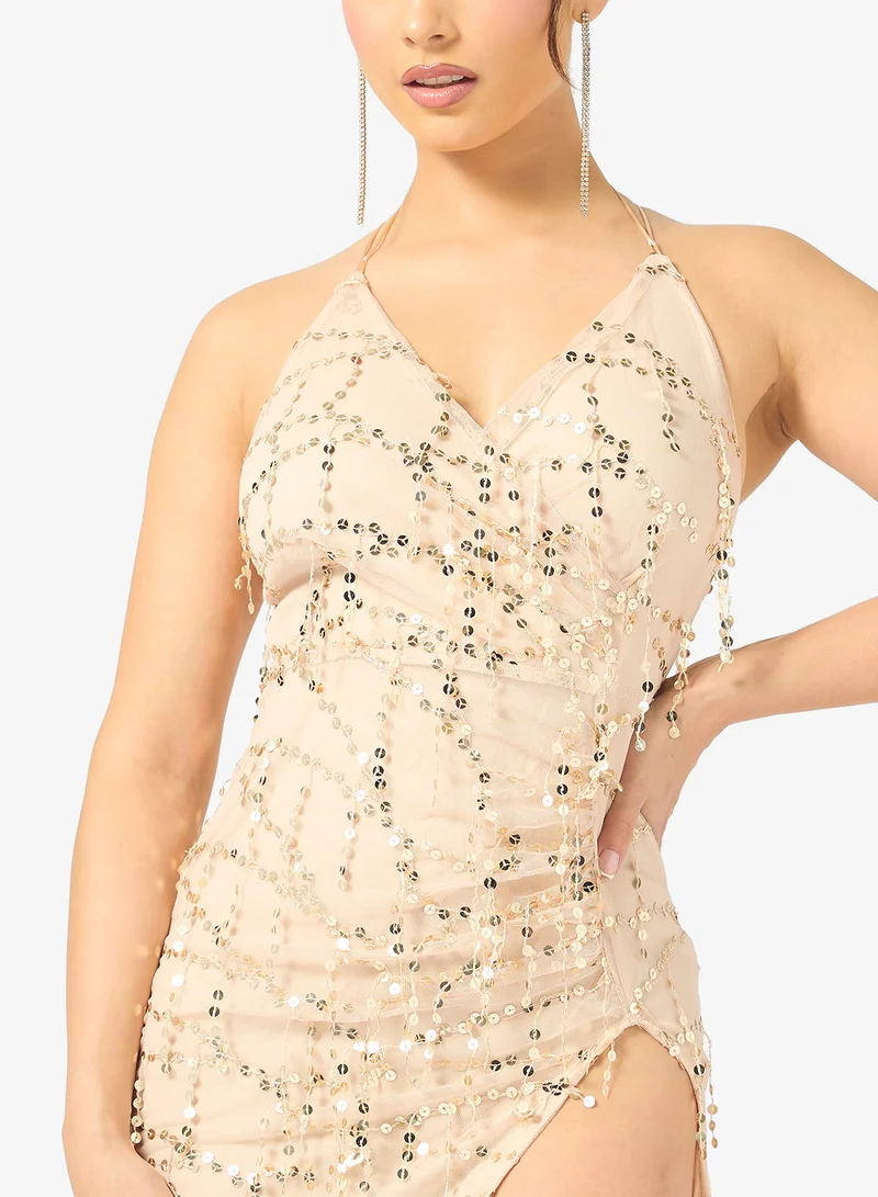 Ginger  Plunge Neck Sequin Embellished Dress with Slit for Women | Best Price UAE