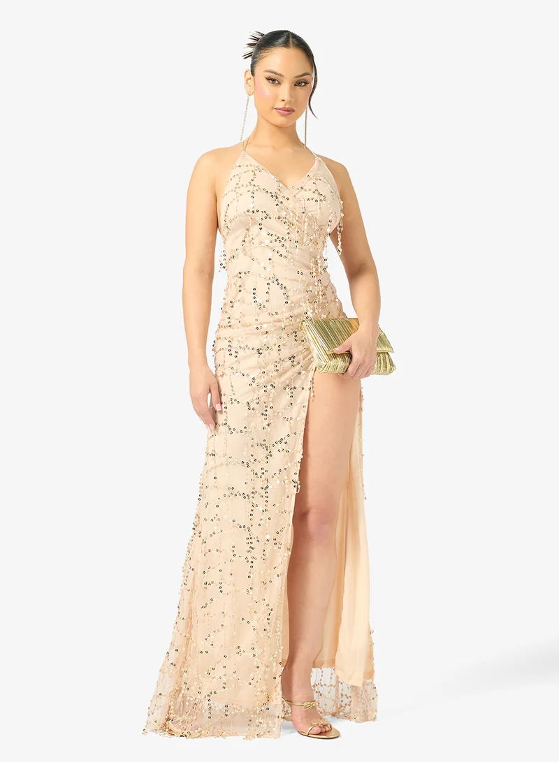 جينجر فستان ترتر بفتحة رقبة عميقة وفتحة جانبية