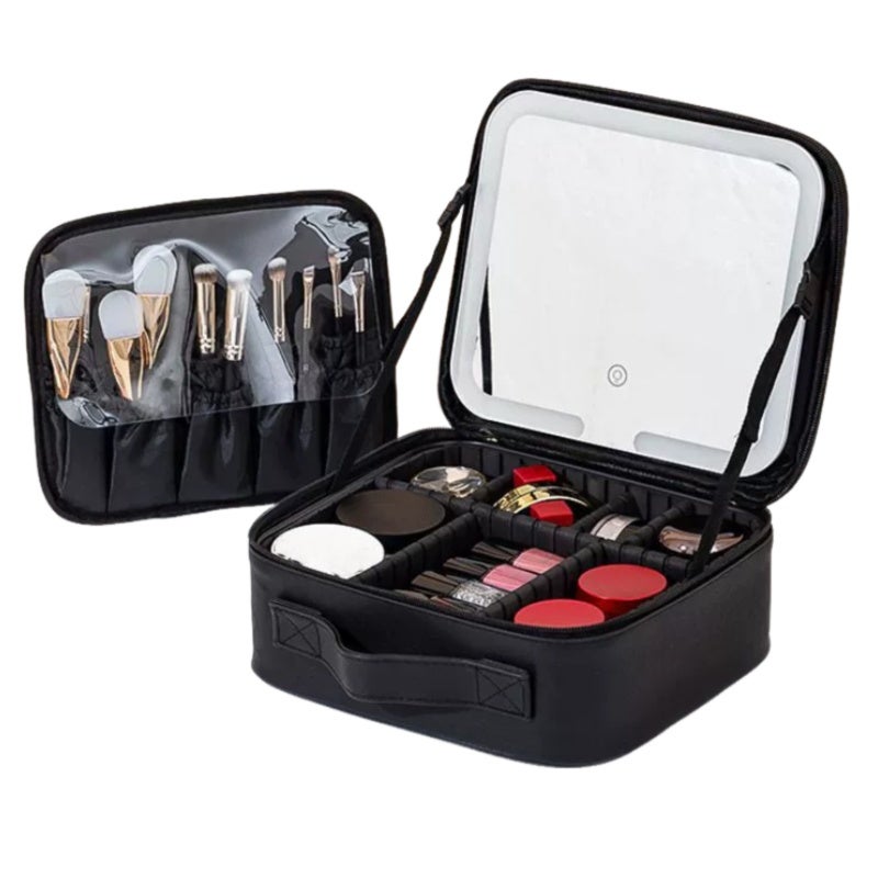 LED Cosmetic Bag: Black Large Capacity - Customizable Modular EVA Dividers LED Lighted Mirror with 3-Level Touch Dimming for Home Vanity, Travel and Business Trips - Image 1