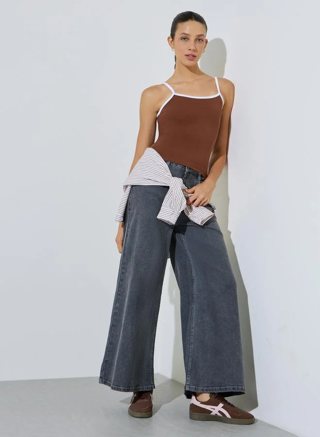 Styli Brown Cotton Lycra Cami with Contrast Trim