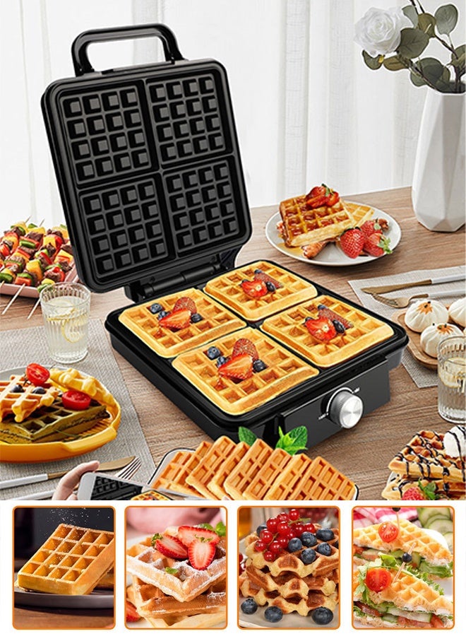 DUNISO Electric waffle maker 4 large pieces ，Adjustable Temperature Sandwich Maker 1500W，With non Stick Coating For Pancakes, Cookies, Truffles, And Other Snack Cakes，Black - Image 4