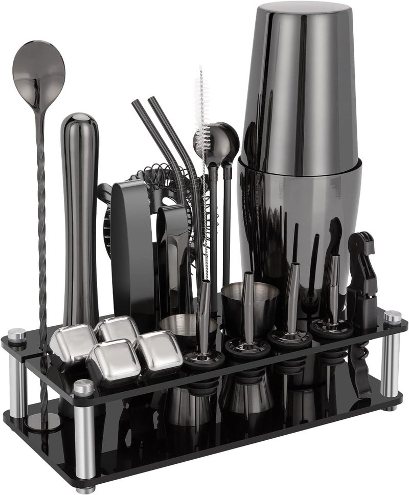 KINGROW Cocktail Shaker Set, 23-Piece Boston Stainless Steel Bartender Kit with Acrylic Stand & Cocktail Recipes Booklet, Professional Bar Tools for Drink Mixing, Home, Bar, Party - Black - Image 1