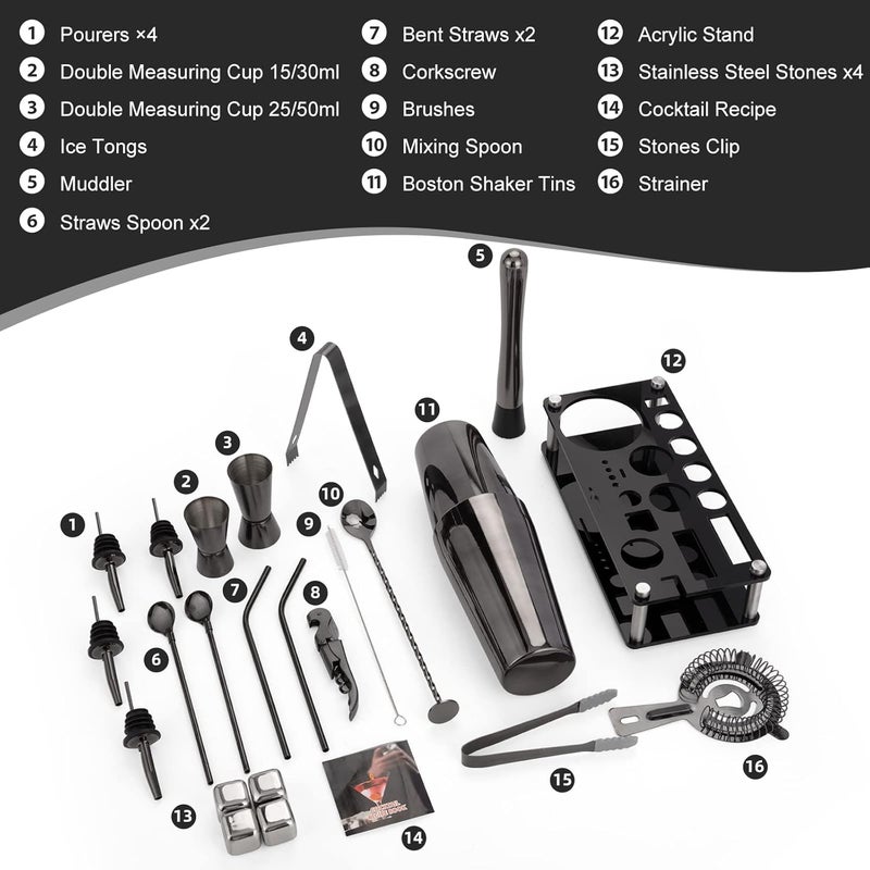 KINGROW Cocktail Shaker Set, 23-Piece Boston Stainless Steel Bartender Kit with Acrylic Stand & Cocktail Recipes Booklet, Professional Bar Tools for Drink Mixing, Home, Bar, Party - Black - Image 2