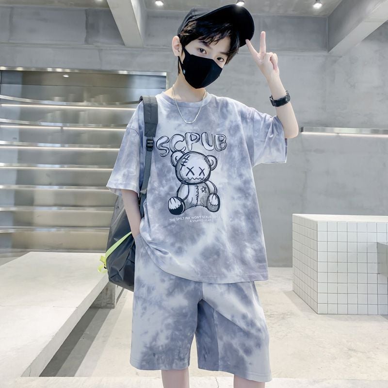 Boys Summer Sportswear Set Cartoon Tee Shorts Light gray (suit) 