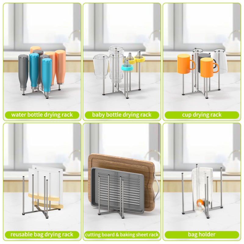 SHILFID Reusable Bag & Bottle Drying Rack, Baby Bottle Drying Rack, Collapsible Cup Drying Rack for Glass, Mugs -Stainless Steel Countertop Organizer - Image 3