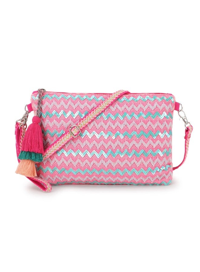 Anekaant Ghoomar Pink & Multi Cotton Jacquard Chevron Embellished Sling Bag - Image 1
