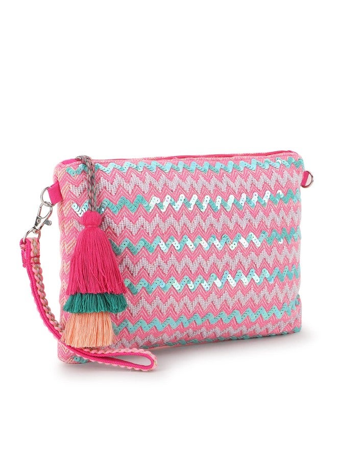 Anekaant Ghoomar Pink & Multi Cotton Jacquard Chevron Embellished Sling Bag - Image 3