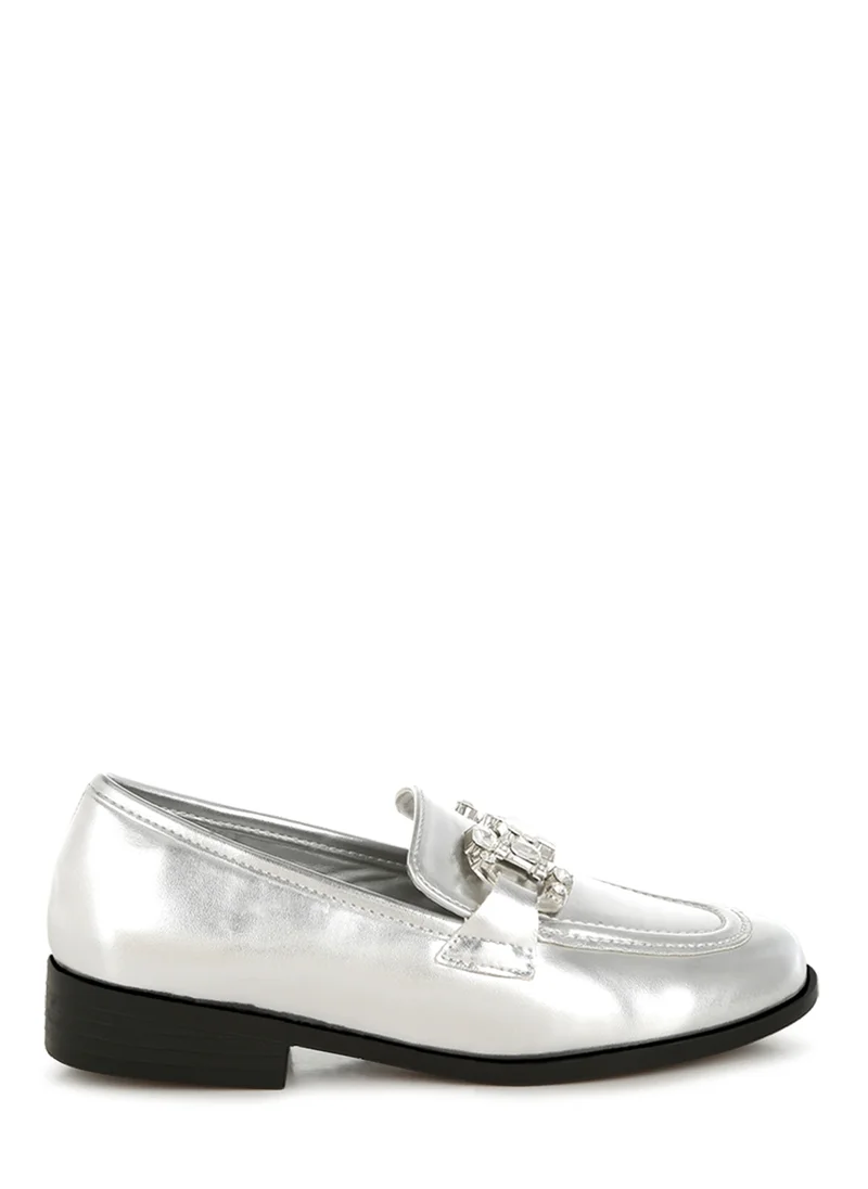 London Rag Diamante Horsebit Metallic Loafers in Silver