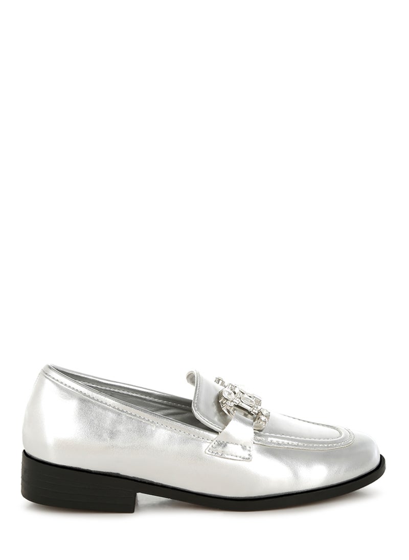 London Rag - Diamante Horsebit Metallic Loafers in Silver - Image 1