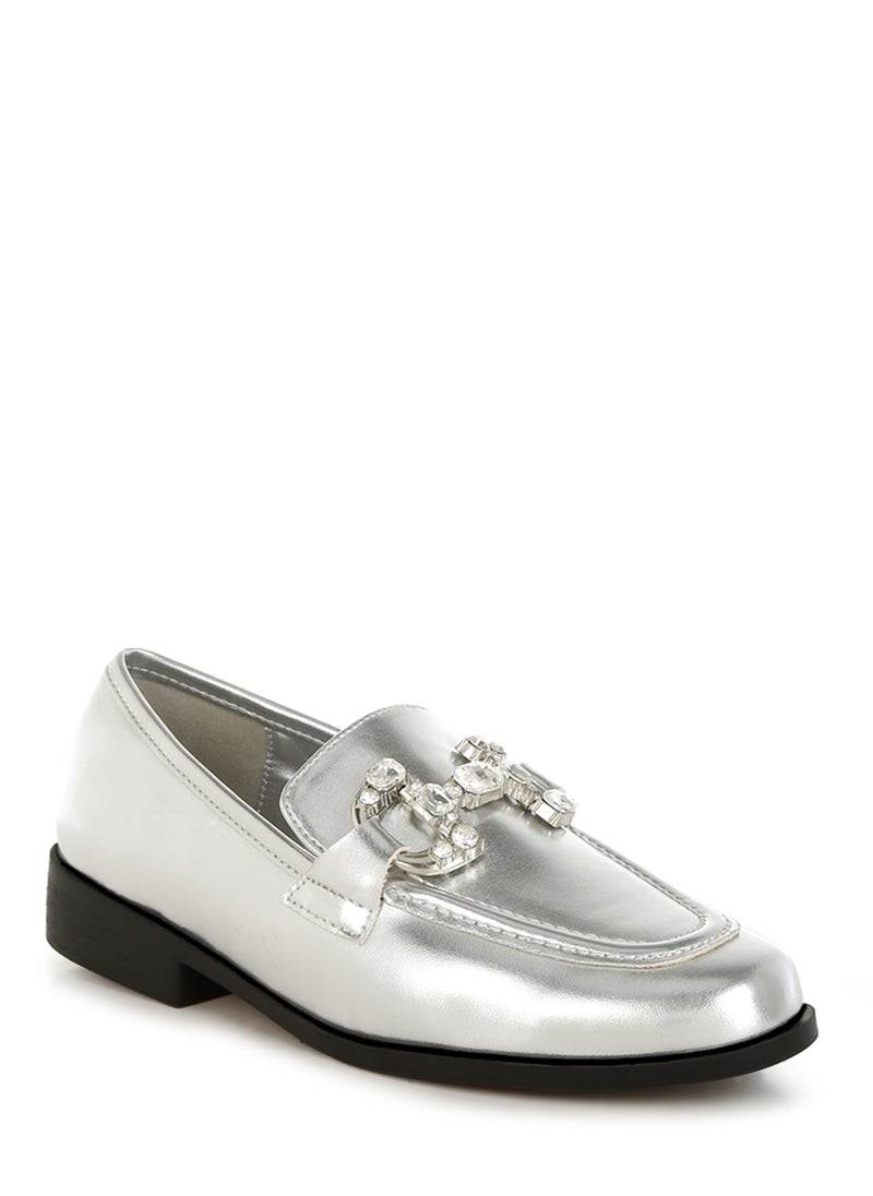 London Rag - Diamante Horsebit Metallic Loafers in Silver - Image 1