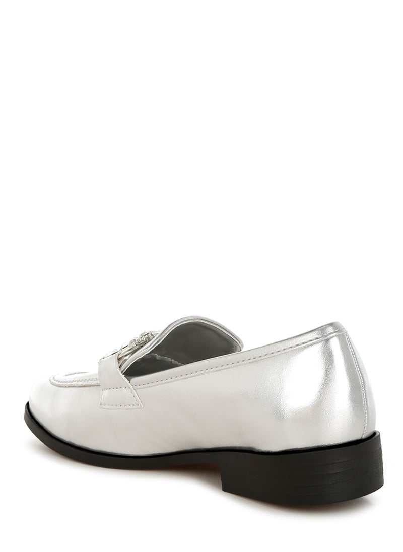 London Rag - Diamante Horsebit Metallic Loafers in Silver - Image 1