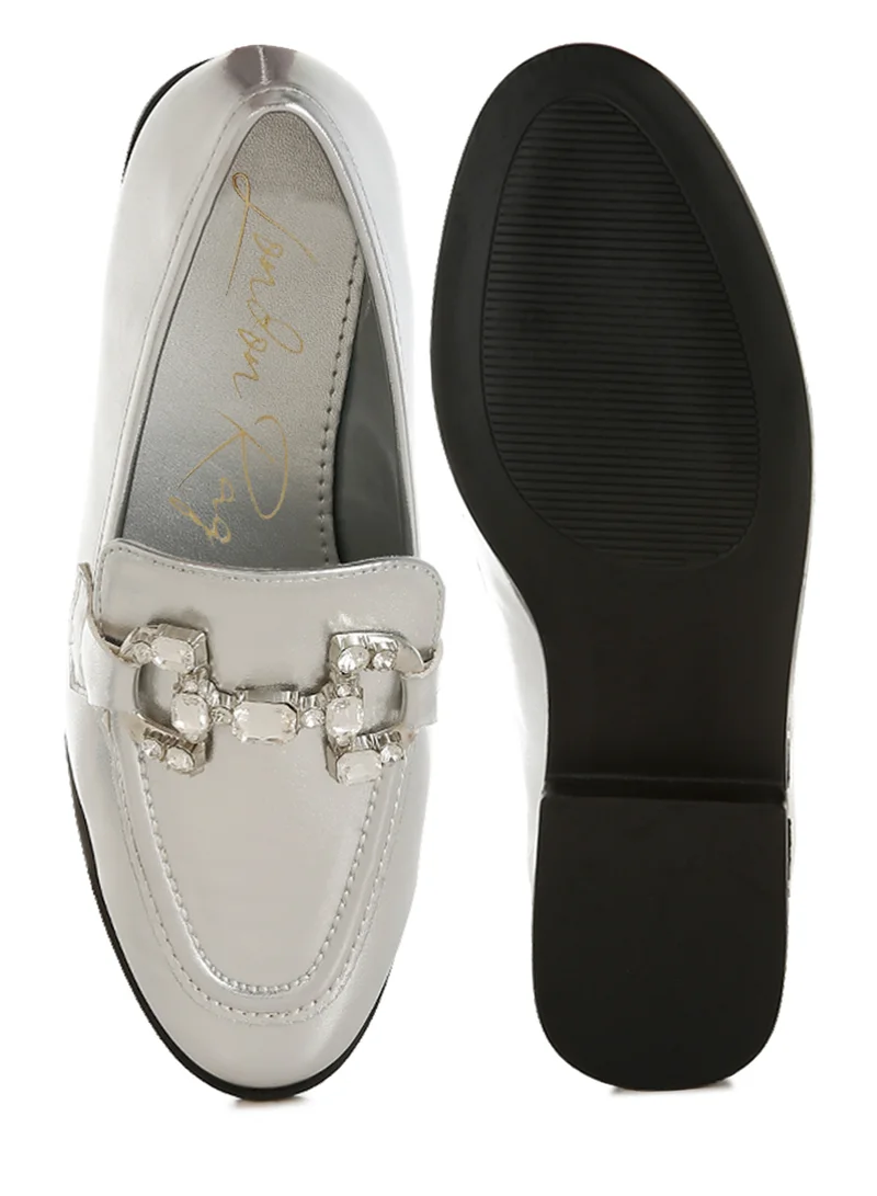 London Rag Diamante Horsebit Metallic Loafers in Silver