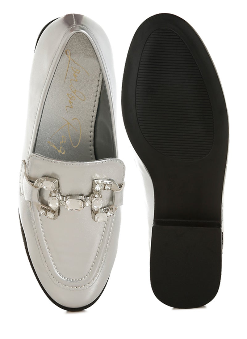 London Rag - Diamante Horsebit Metallic Loafers in Silver - Image 1