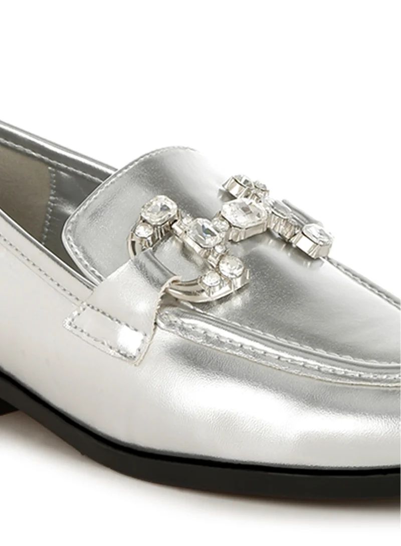 London Rag Diamante Horsebit Metallic Loafers in Silver