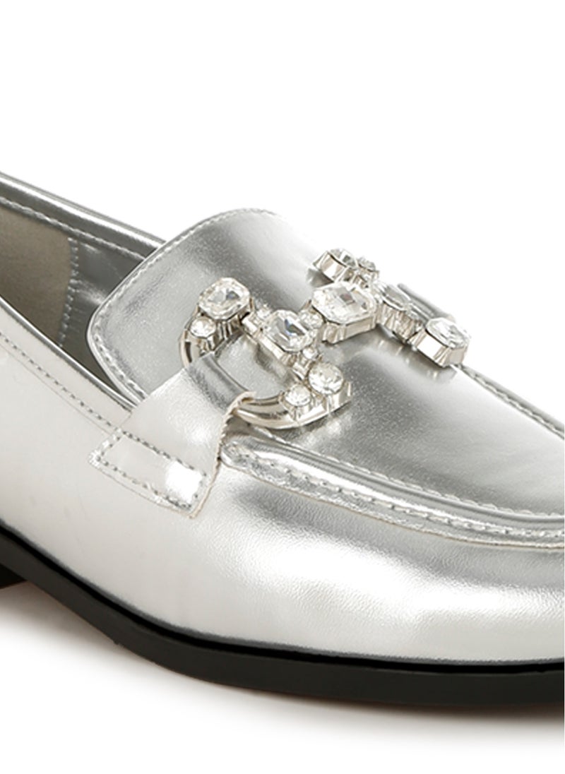 London Rag - Diamante Horsebit Metallic Loafers in Silver - Image 1