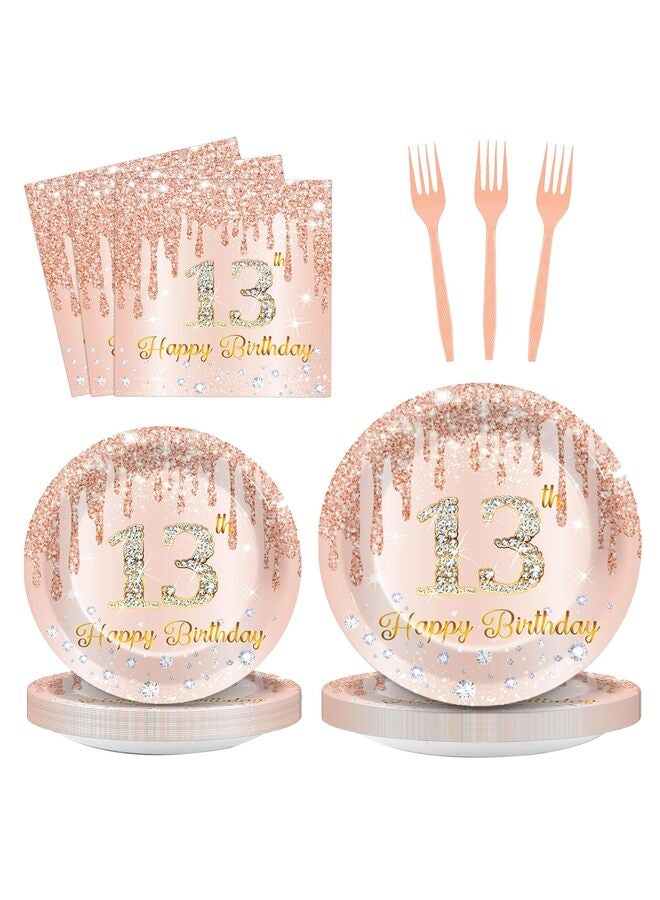 68PCS Complete Party Set, Themed Paper Plate Set with Matching Napkins and Cups, Disposable Tableware for Themed Birthday Parties and Gatherings (13 Years Old, Pink) - Image 1